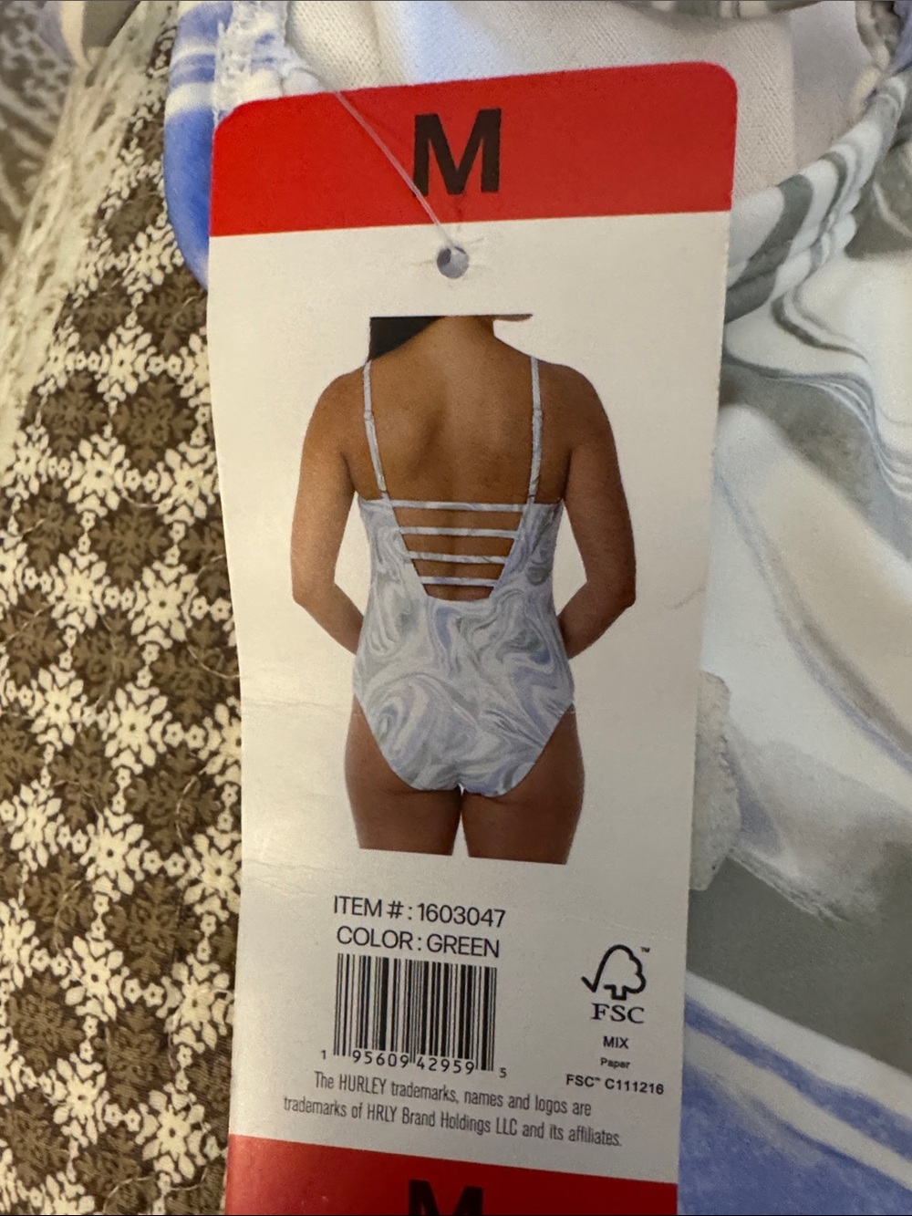 Hurley White Swirl One-Piece Swimsuit with Lavender and Olive Pattern